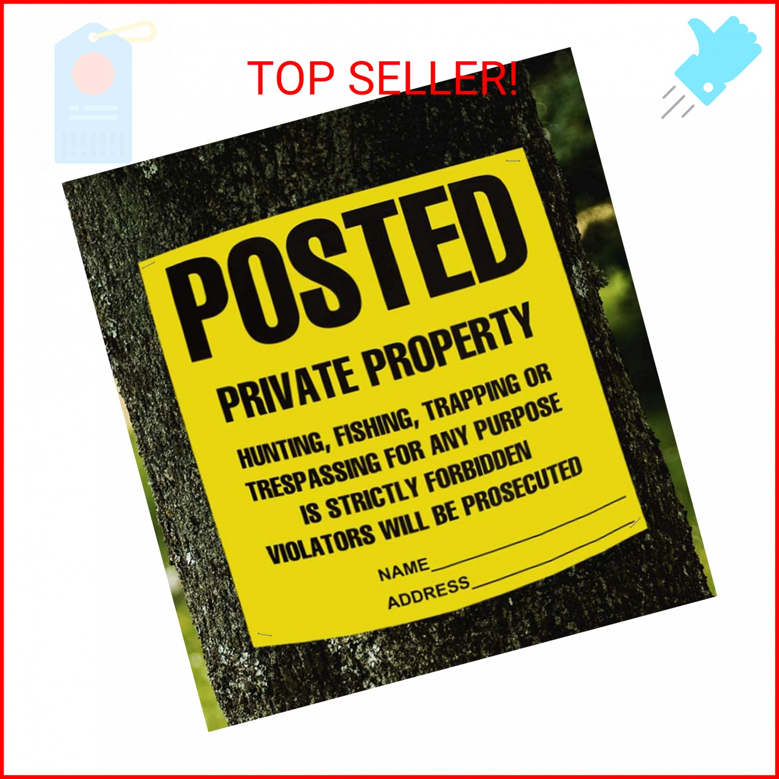 Posted Sign – No Hunting No Trespassing 11 x 11 Inch, Yellow Private Property Wa