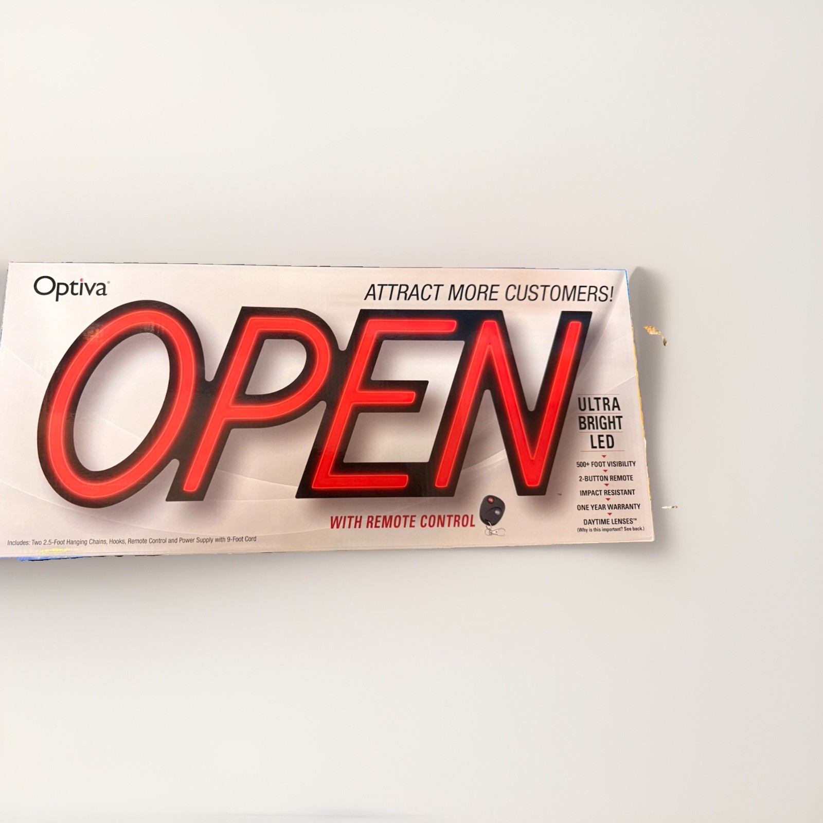Optiva OPEN LED Neon Illuminated Sign Red w/ Remote Control Hanging