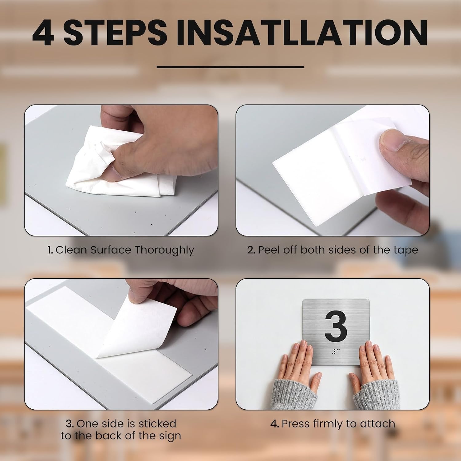 Easy Install 5-Pack 6×6 Room Number Signs with Braille for Offices & Schools