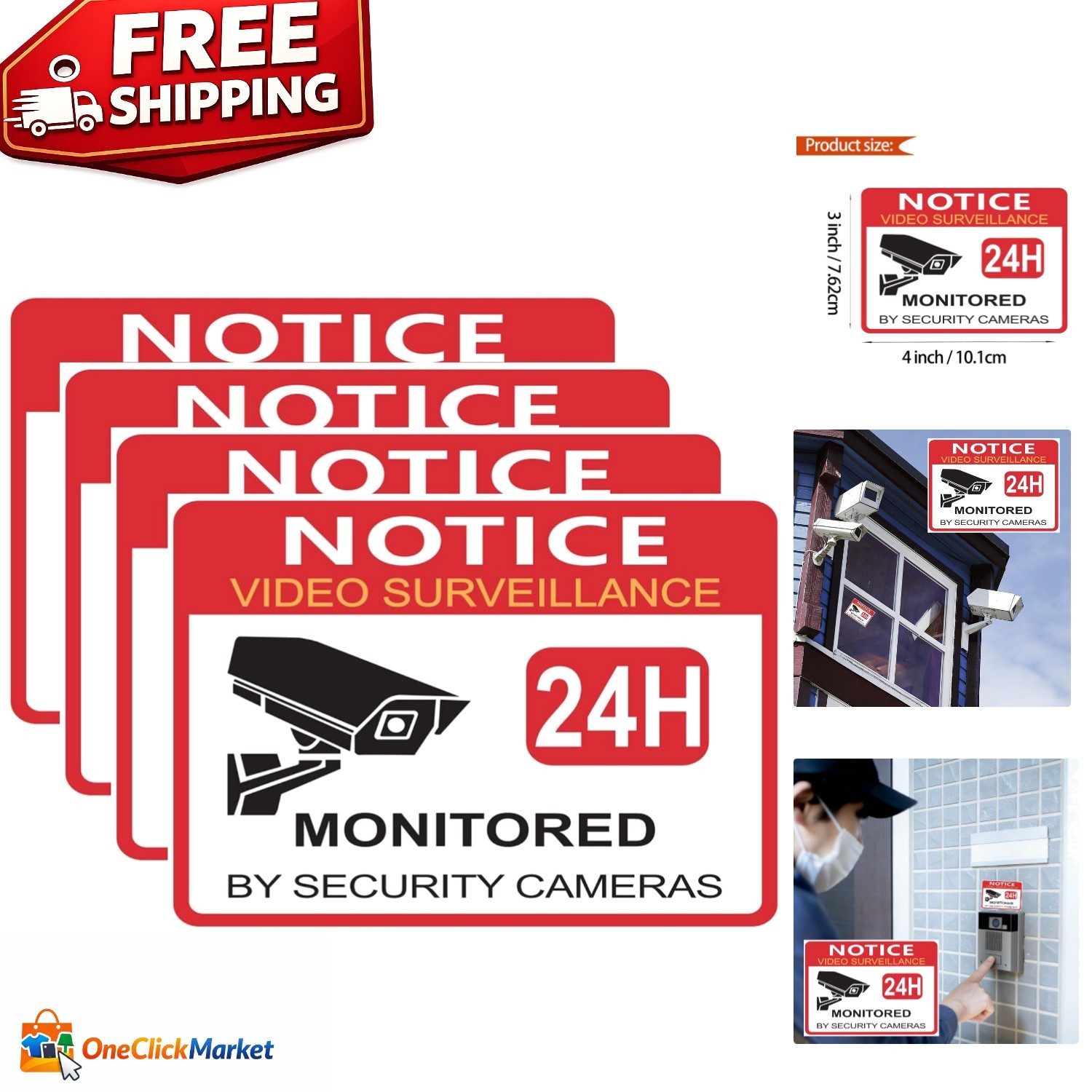 4 Pack Video Surveillance Signs, 3 x 4 Inch Aluminum Camera Signs, CCTV Securit