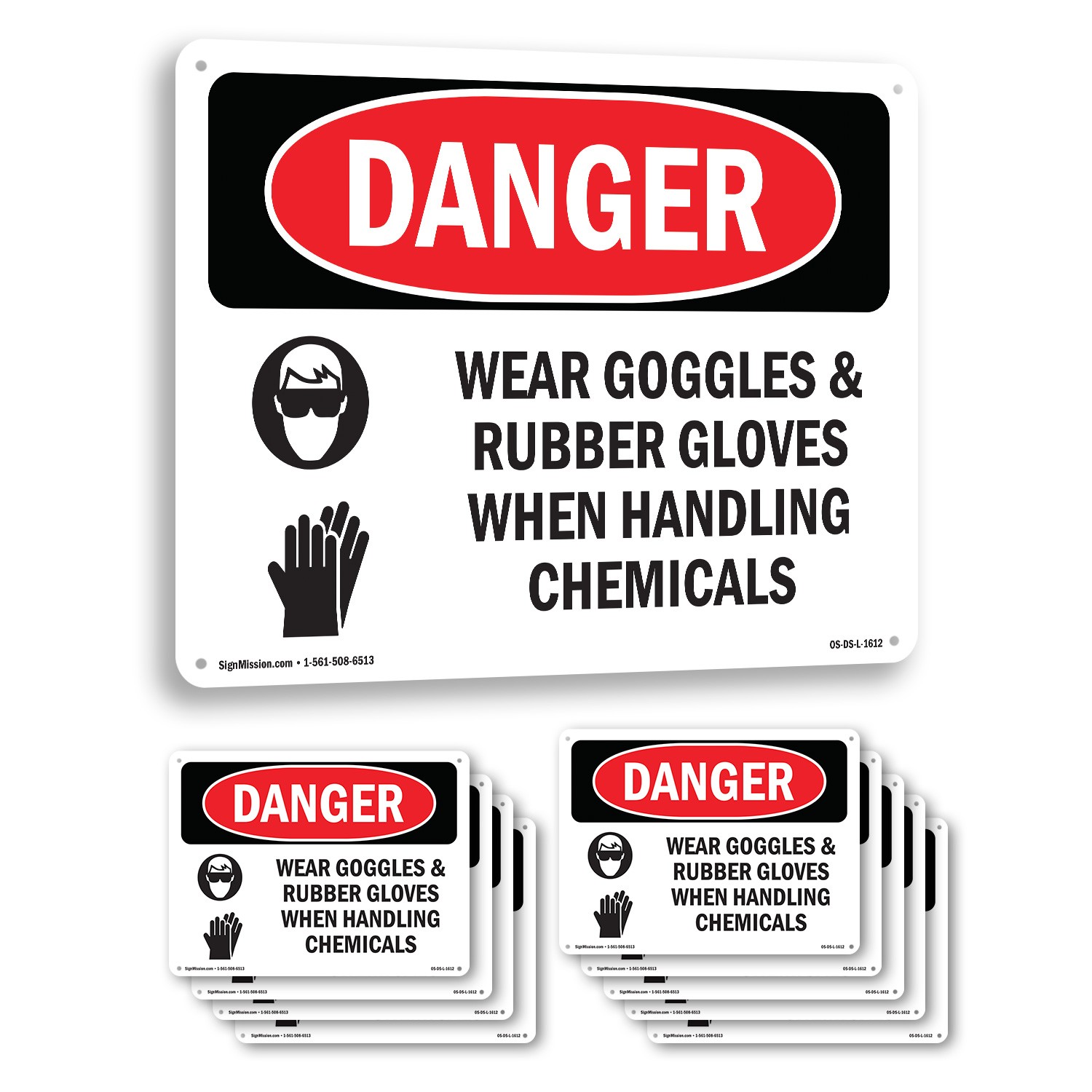 Wear Goggles And Rubber Gloves Chemicals OSHA Danger Sign, Decal 5 or 10 Pack