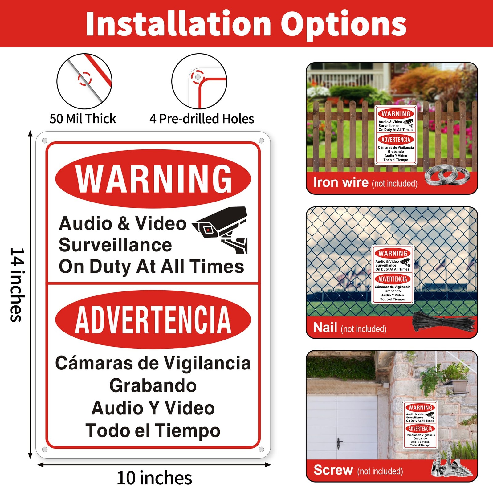 2 Pack 10×14 inch Video Surveillance Sign Bilingual, Metal, Weatherproof, Camera