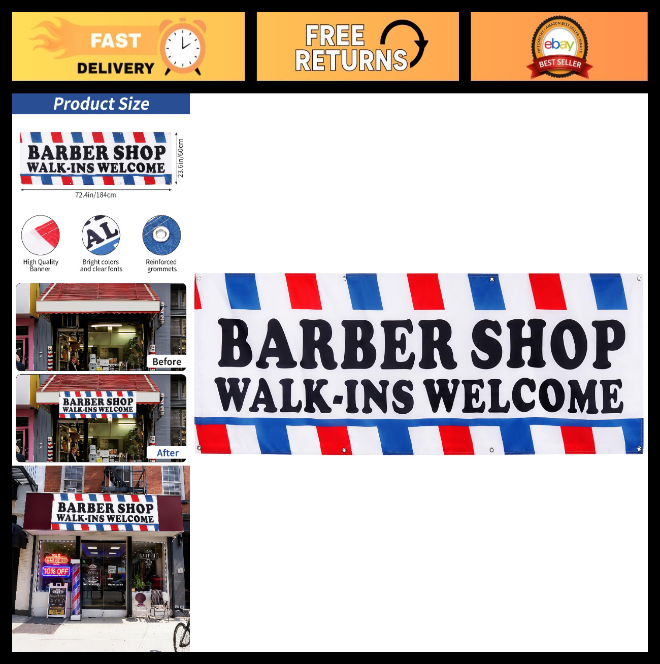 Large 2×6 ft Barber Shop Banner – Walk-Ins Welcome, Durable Polyester Sign with