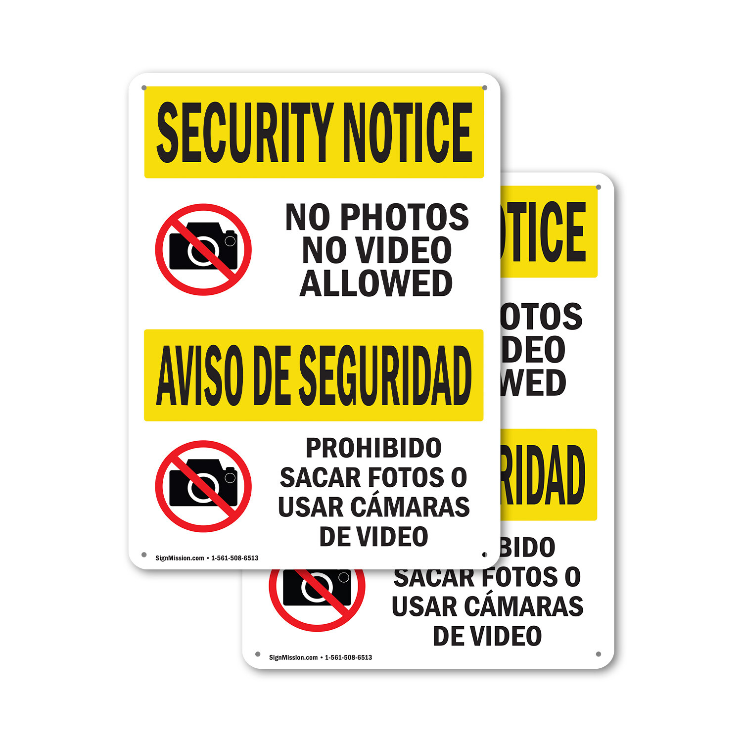 (2 Pack) No Photos Or Video Bilingual OSHA Security Notice Sign Decal Metal