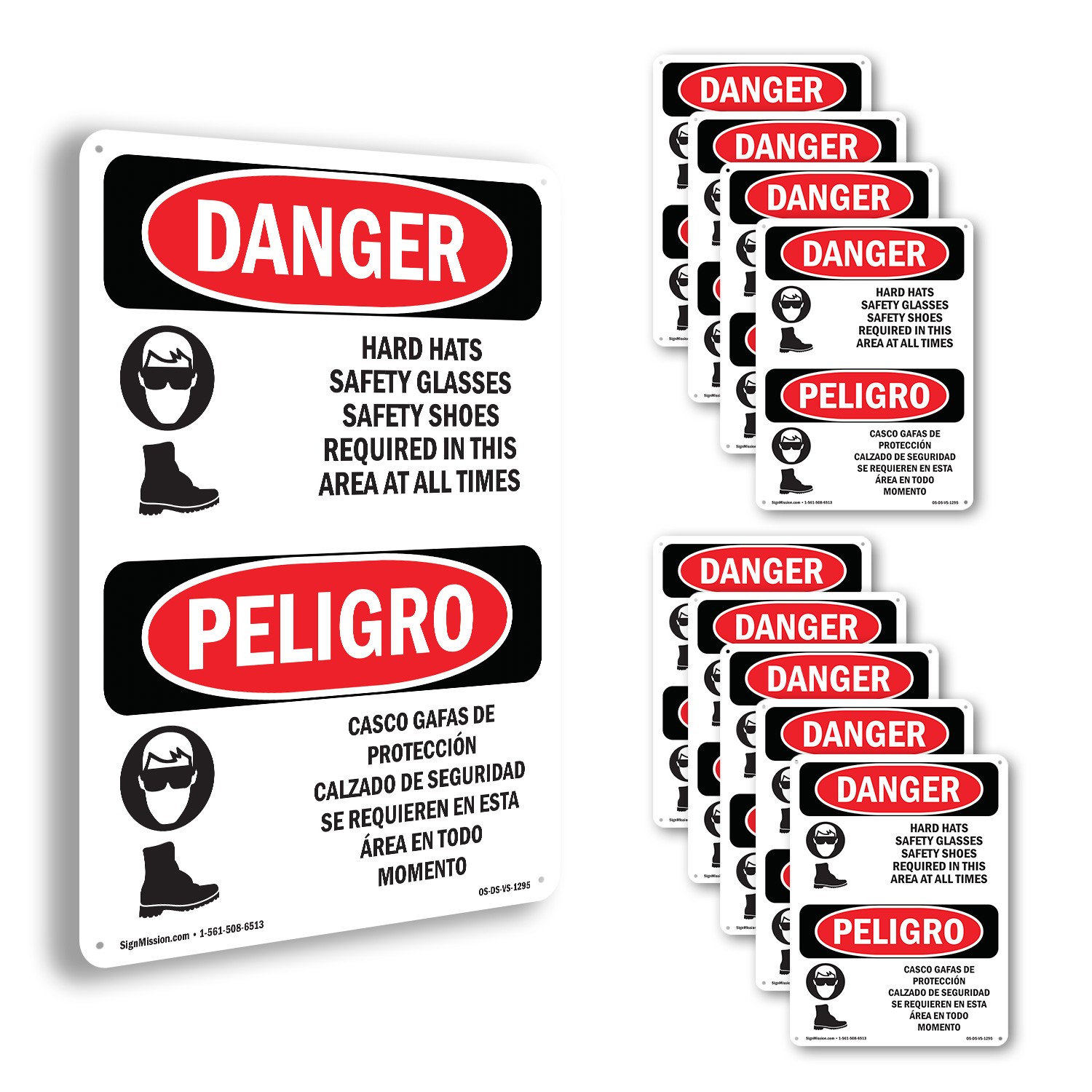 Hard Hats Safety Glasses Shoes Bilingual OSHA Danger Sign, Decal 5 or 10 Pack