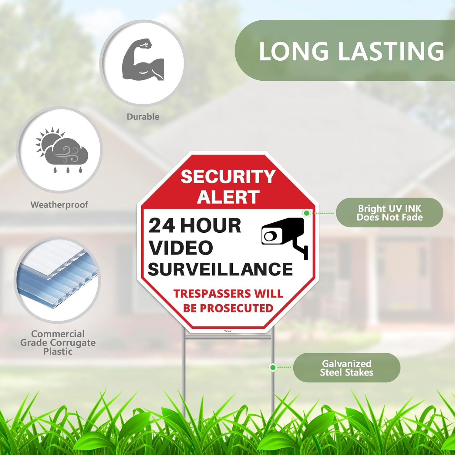 24-Hour Video Surveillance Sign Set with Stakes – No Trespassing Alert 12″x12