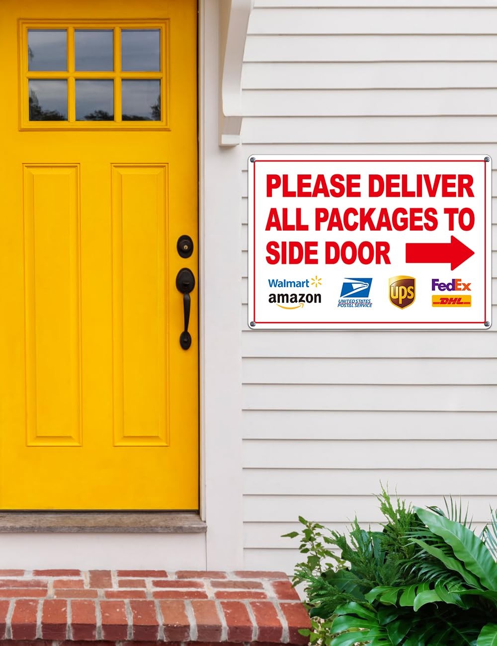 2 Pack 14×10 inch Deliver All Packages to Side Door Sign with Arrows Plastic