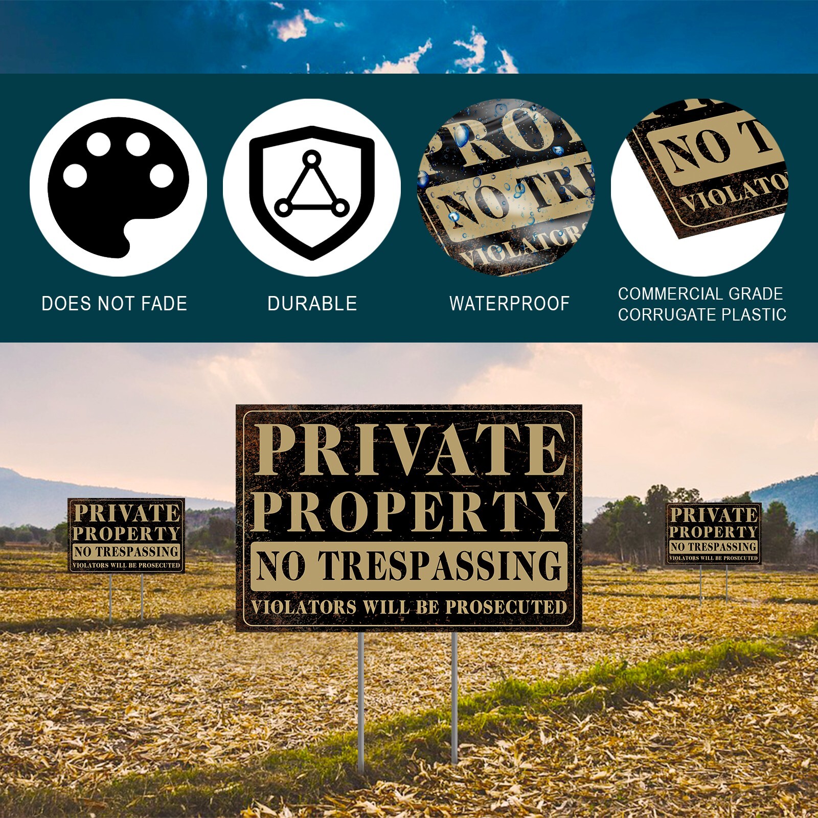 Private Property No Trespassing Signs with H-Stakes, Protect Your Home,