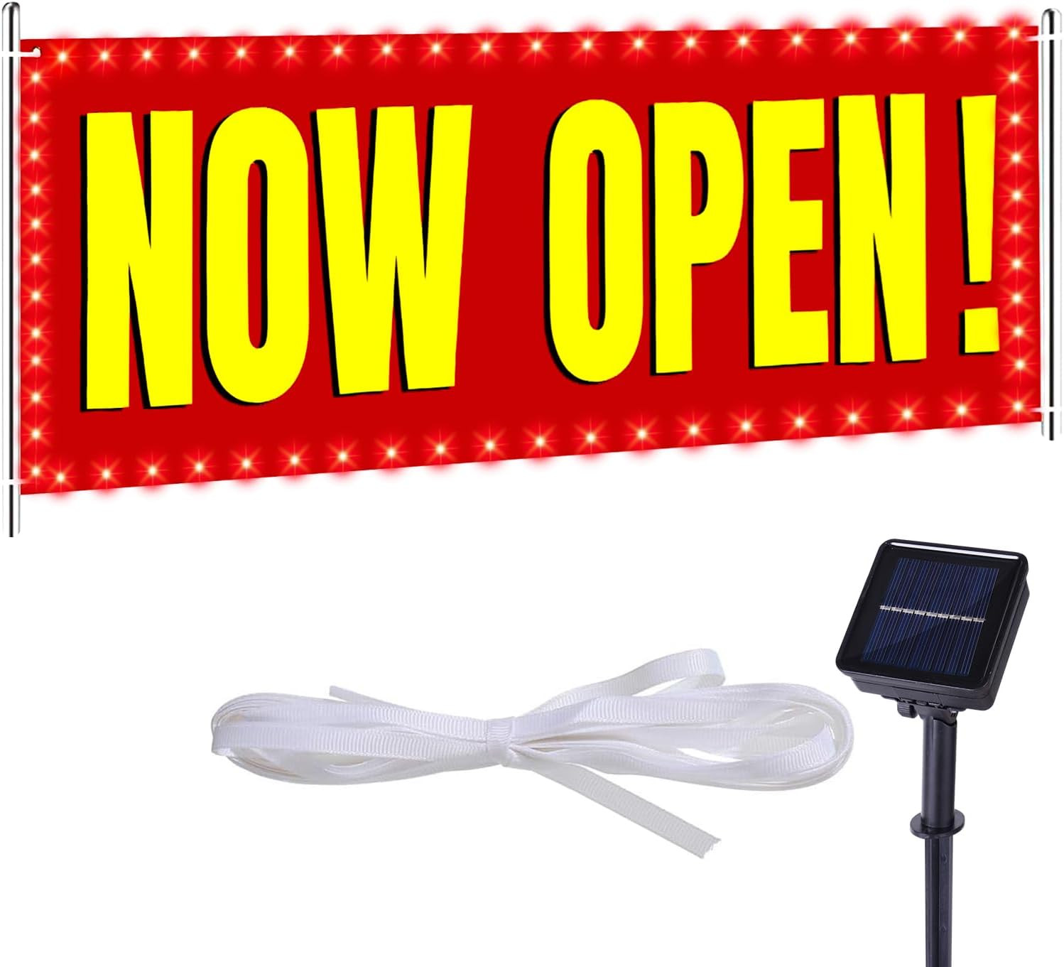 Solar Large Now Open Banner 3X8 Ft Polyester Signs Warm White Led Lights Outdoor