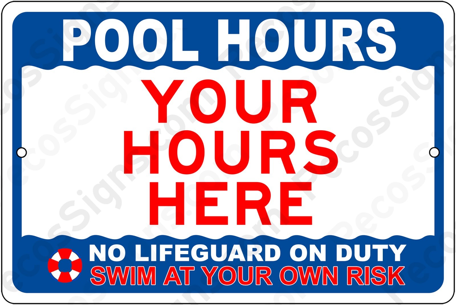 Custom Pool Hours 12″ x 8″ Aluminum Sign in Any Color and/or Logo UV Protected