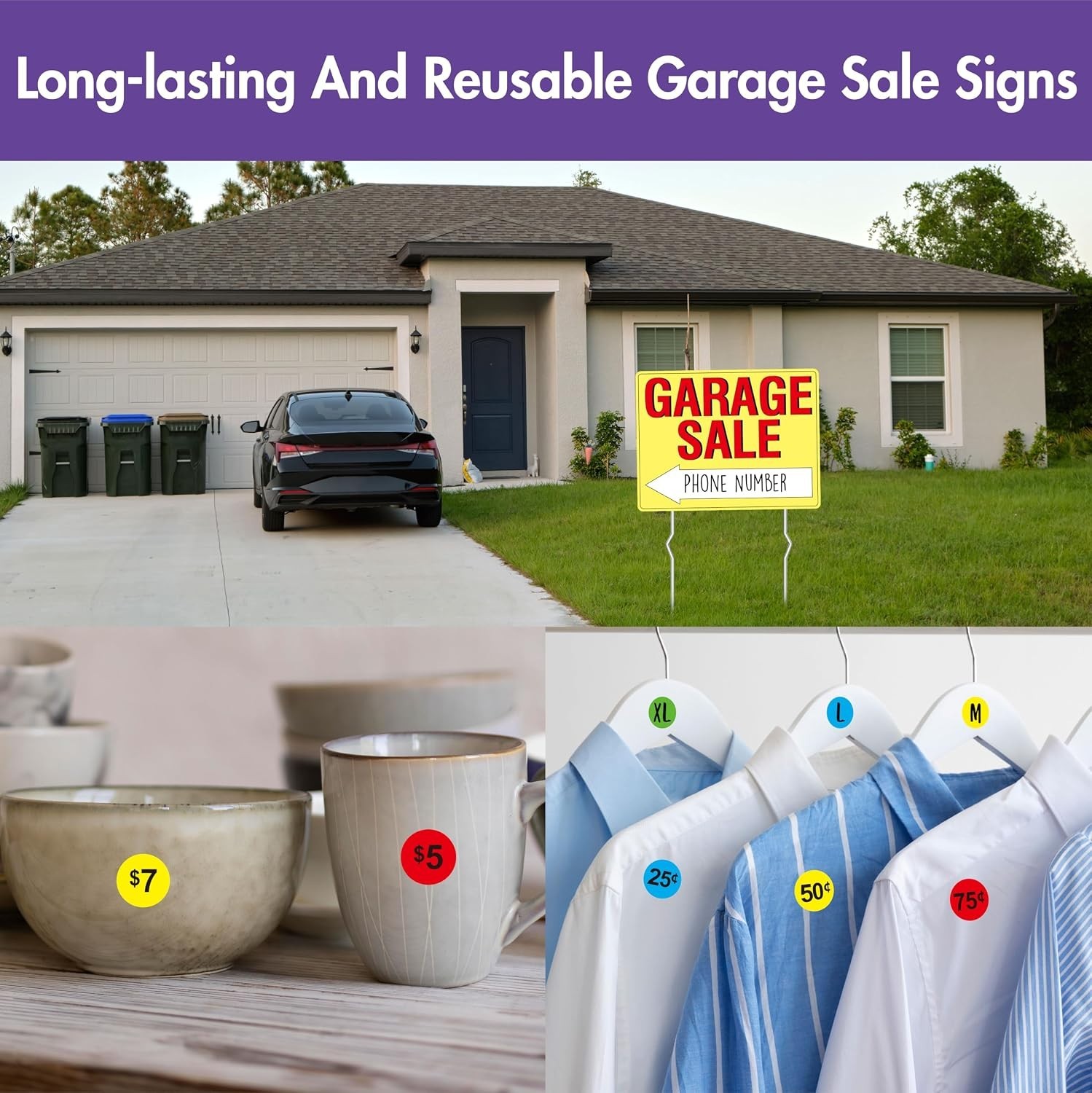 Value Pack: 3 Double-Sided Outdoor Garage Sale Signs with Metal Stakes & Labels