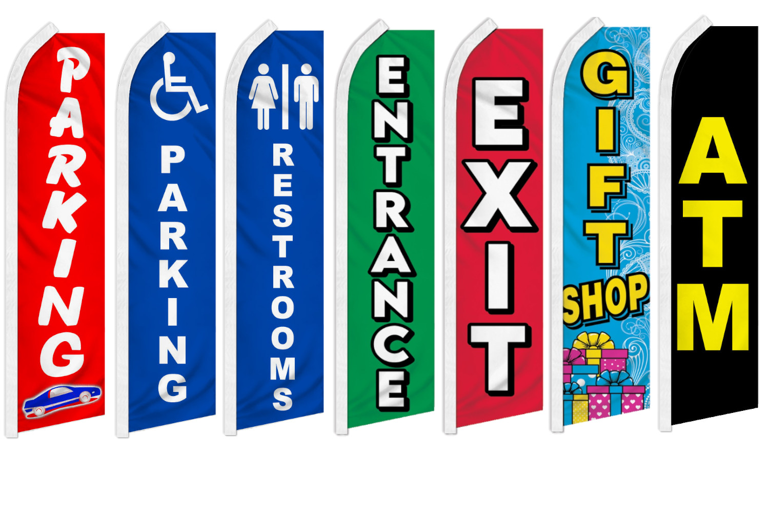 Event Signs Advertising Swooper Flutter Feather Flag Parking Restrooms ATM