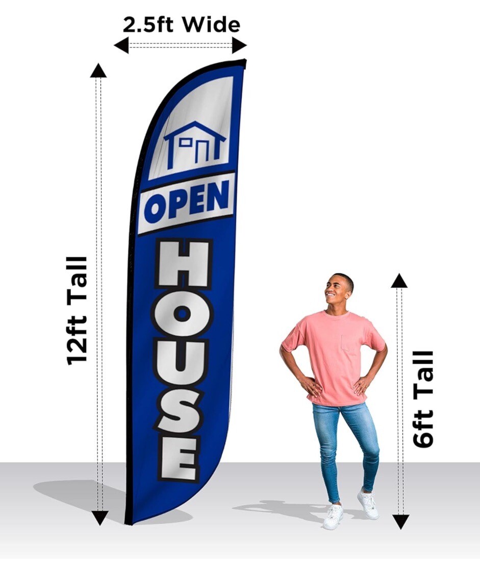 New 12’ OPEN HOUSE FEATHER FLAG For Real Estate Blue 12’x2.5’ – FLAG ONLY