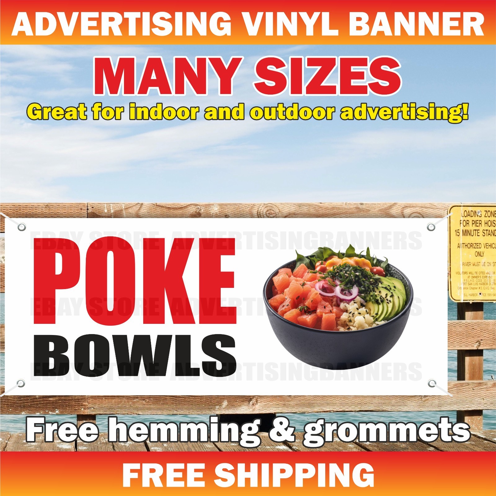 POKE BOWLS Advertising Banner Vinyl Mesh Sign Street Food Restaurant Buffet