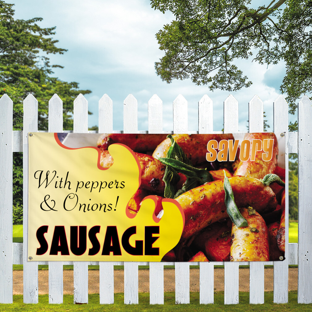 Vinyl Banner Multiple Sizes Savory with Peppers & Onions! Sausage Outdoor
