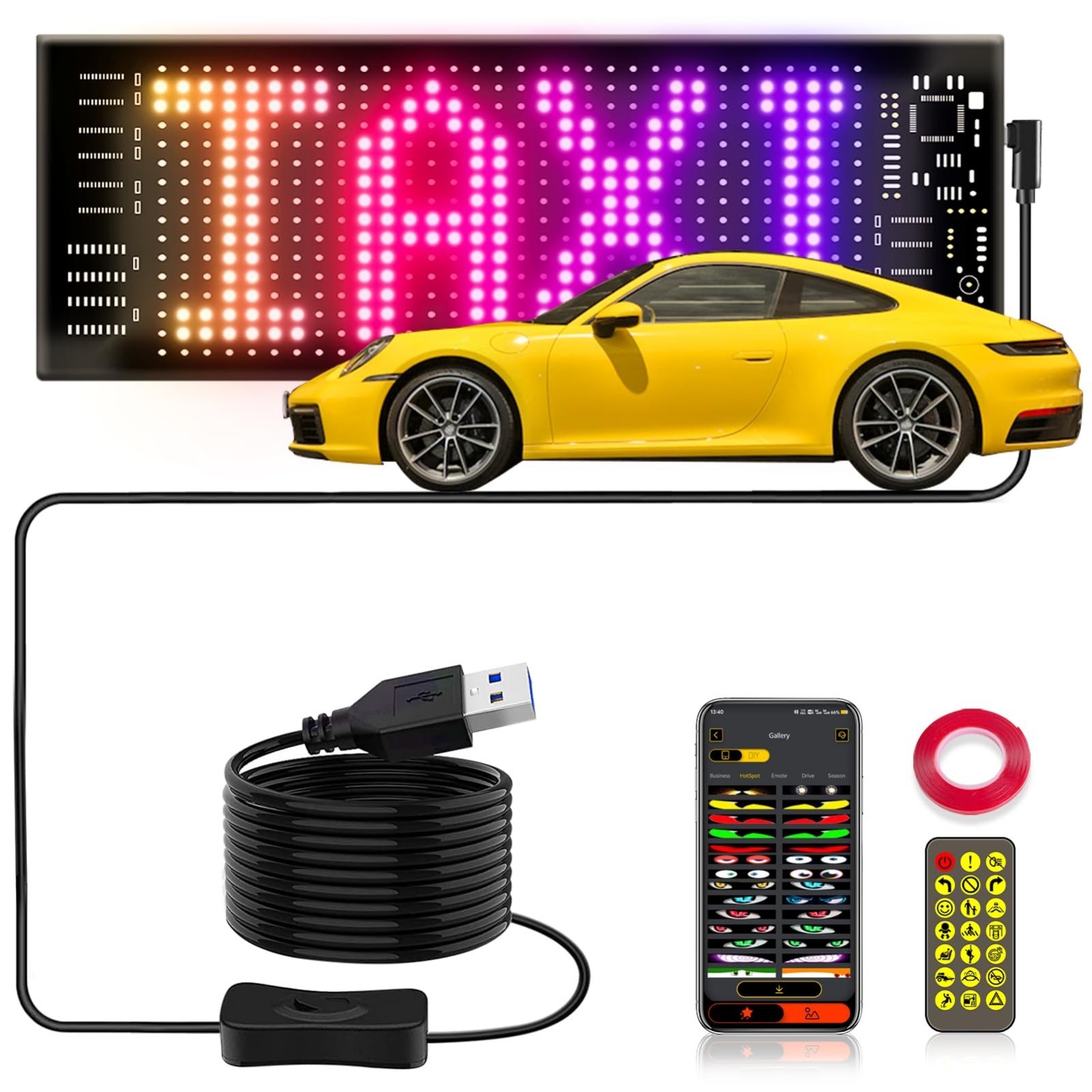 Programmable LED Car Windshield Sign, Scrolling Digital Display, APP Control, Re