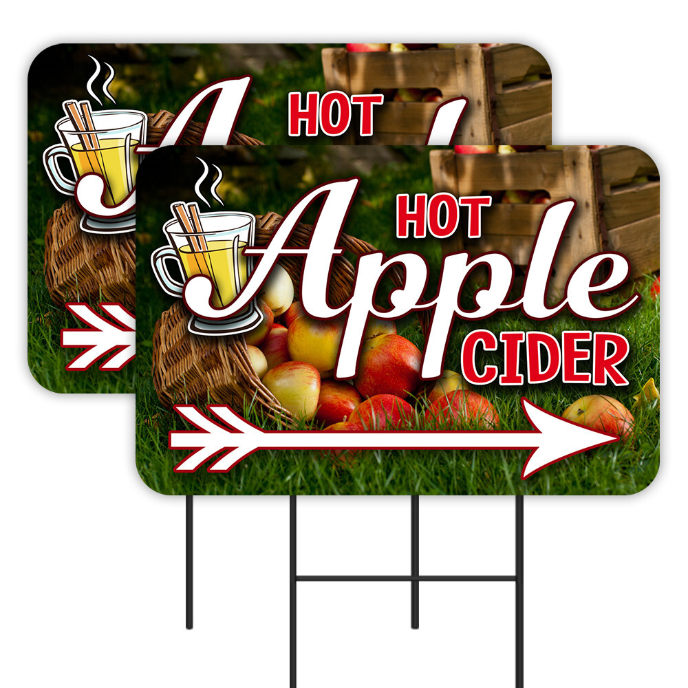 Hot Apple Cider 2 Pack Double-Sided Yard Signs 16″ x 24″ with Metal Stakes (Made