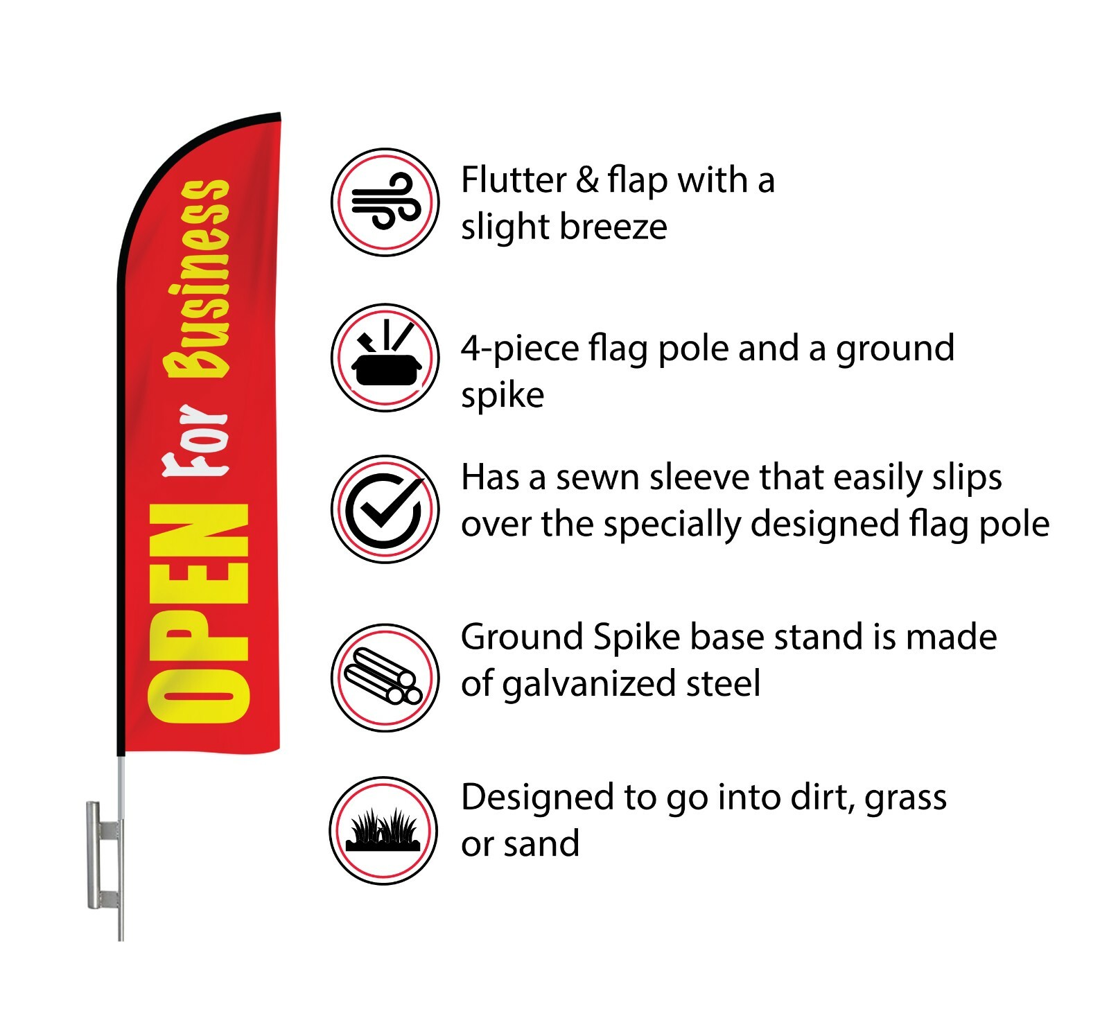 12′ Feather Flag Kit Open for Business Restaurant, Car Repair, Food Coop,Grocery