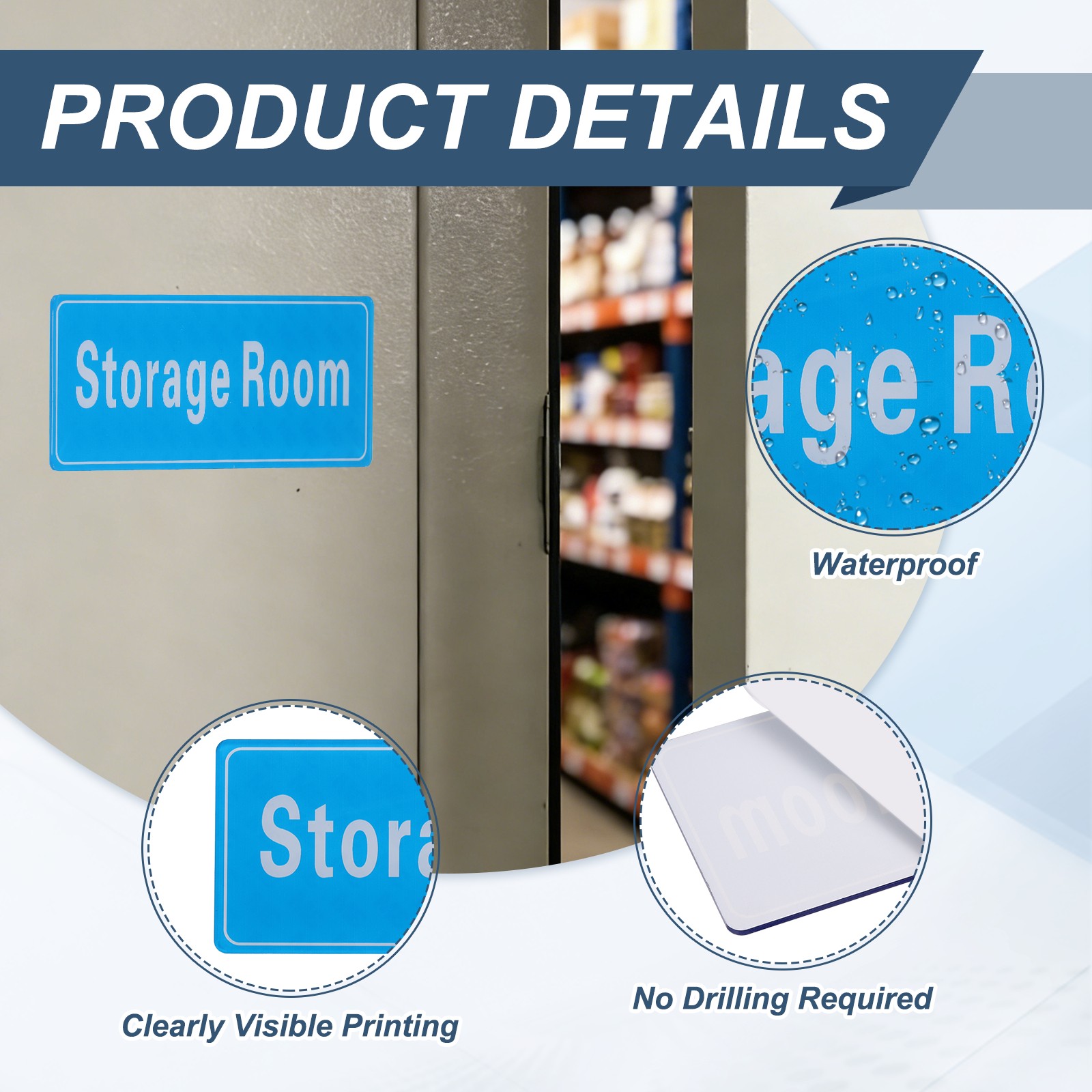 9″x3″ Storage Room, 1Pcs Room Door Sign Self-Adhesive Light Blue with White Text