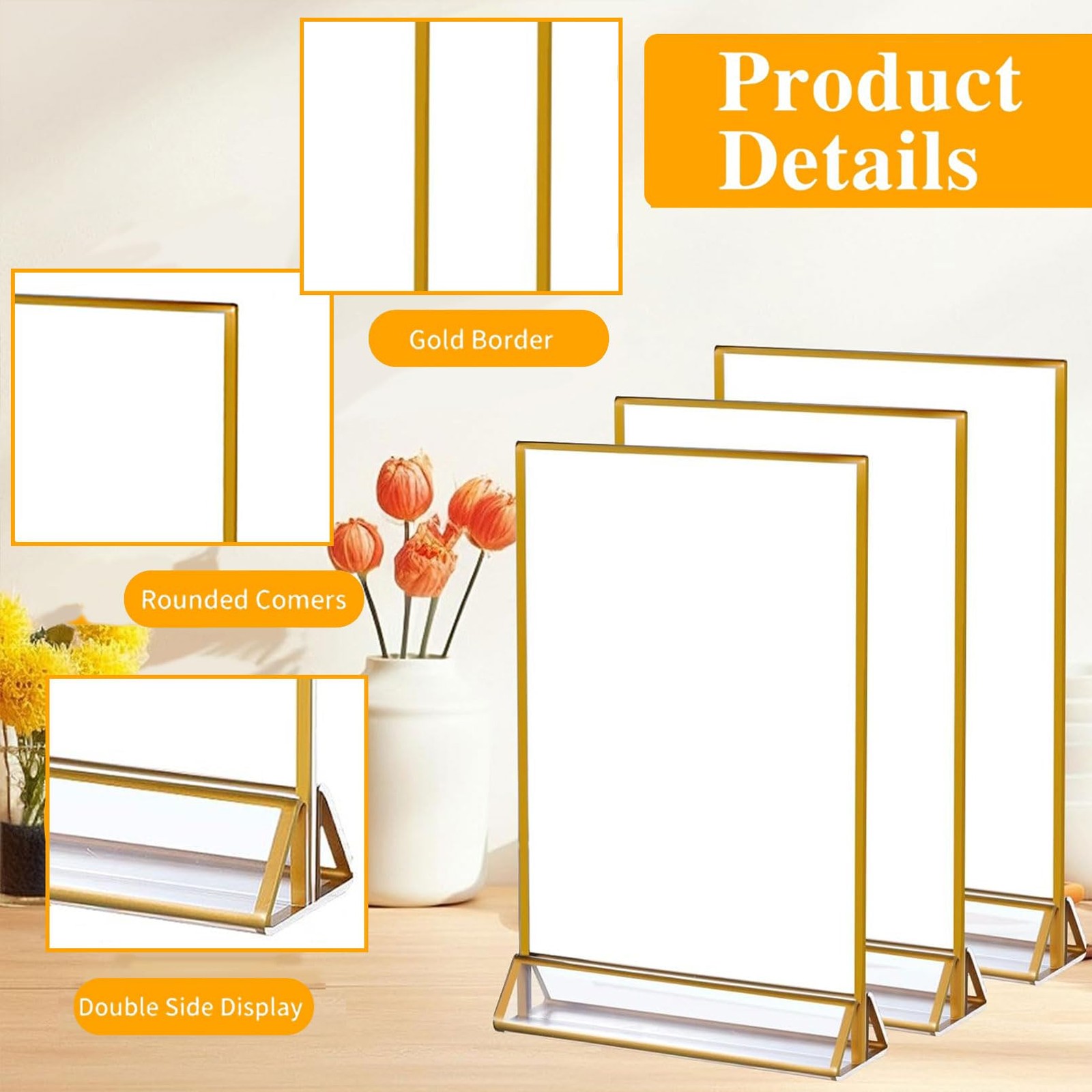 PIEMEET 18 Pack Acrylic Sign Holder with Golden Border, 4 X 6 Clear Gold