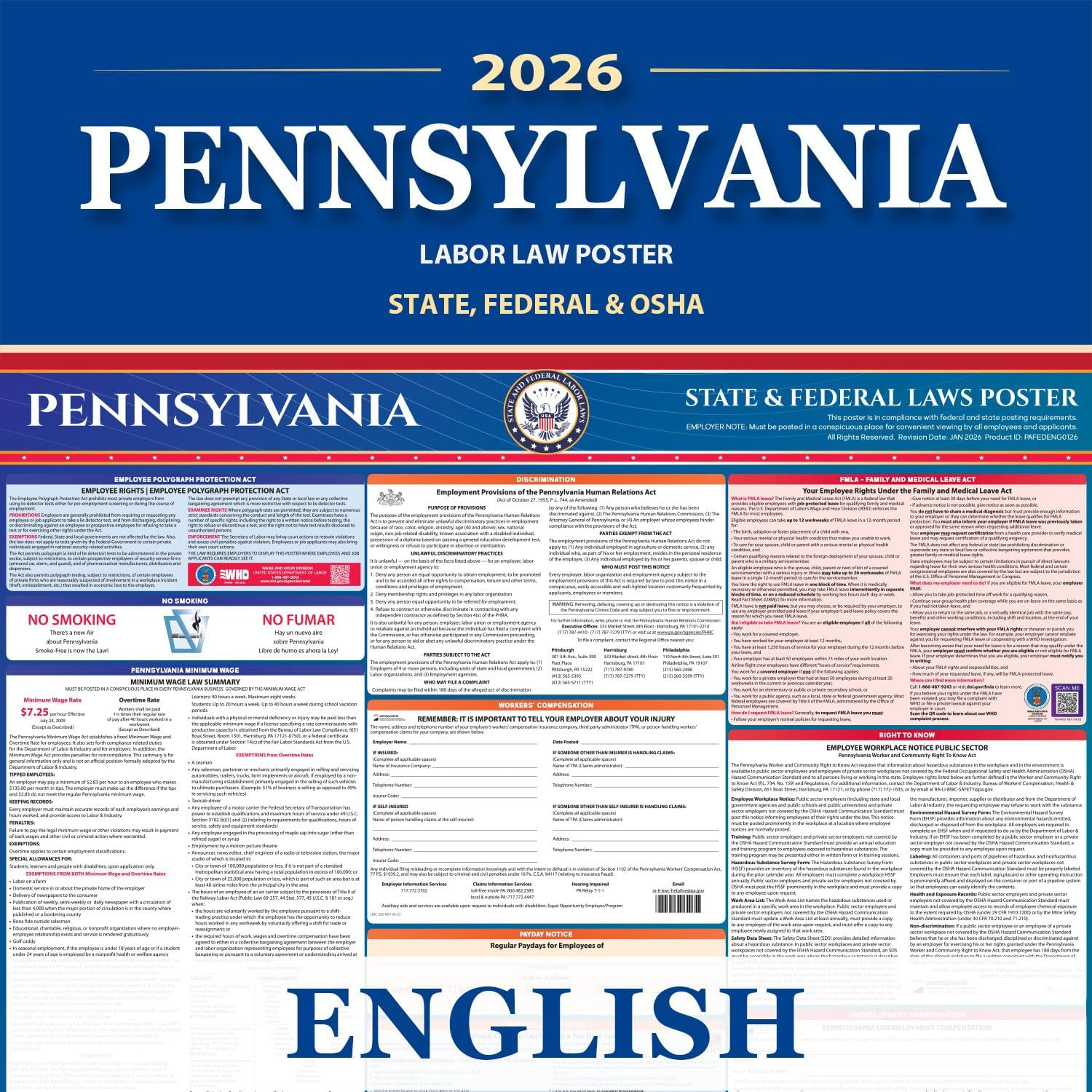 Pennsylvania Labor Law Poster State, Federal, OSHA Compliant, 2026 All-In-One 24