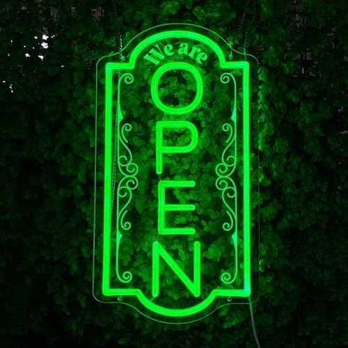 Vertical Open LED Neon Sign for Business – Bright Green Window Light, 16.5×9