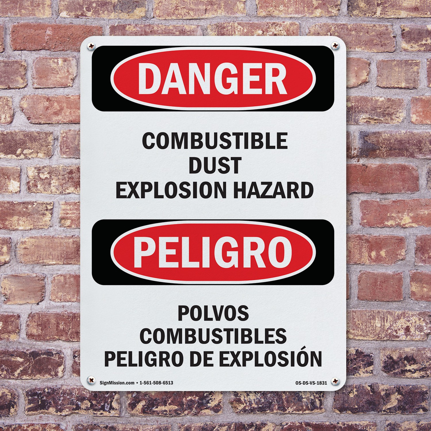 Combustible Dust Explosion Hazard Bilingual OSHA Danger Sign, Decal 5 or 10 Pack