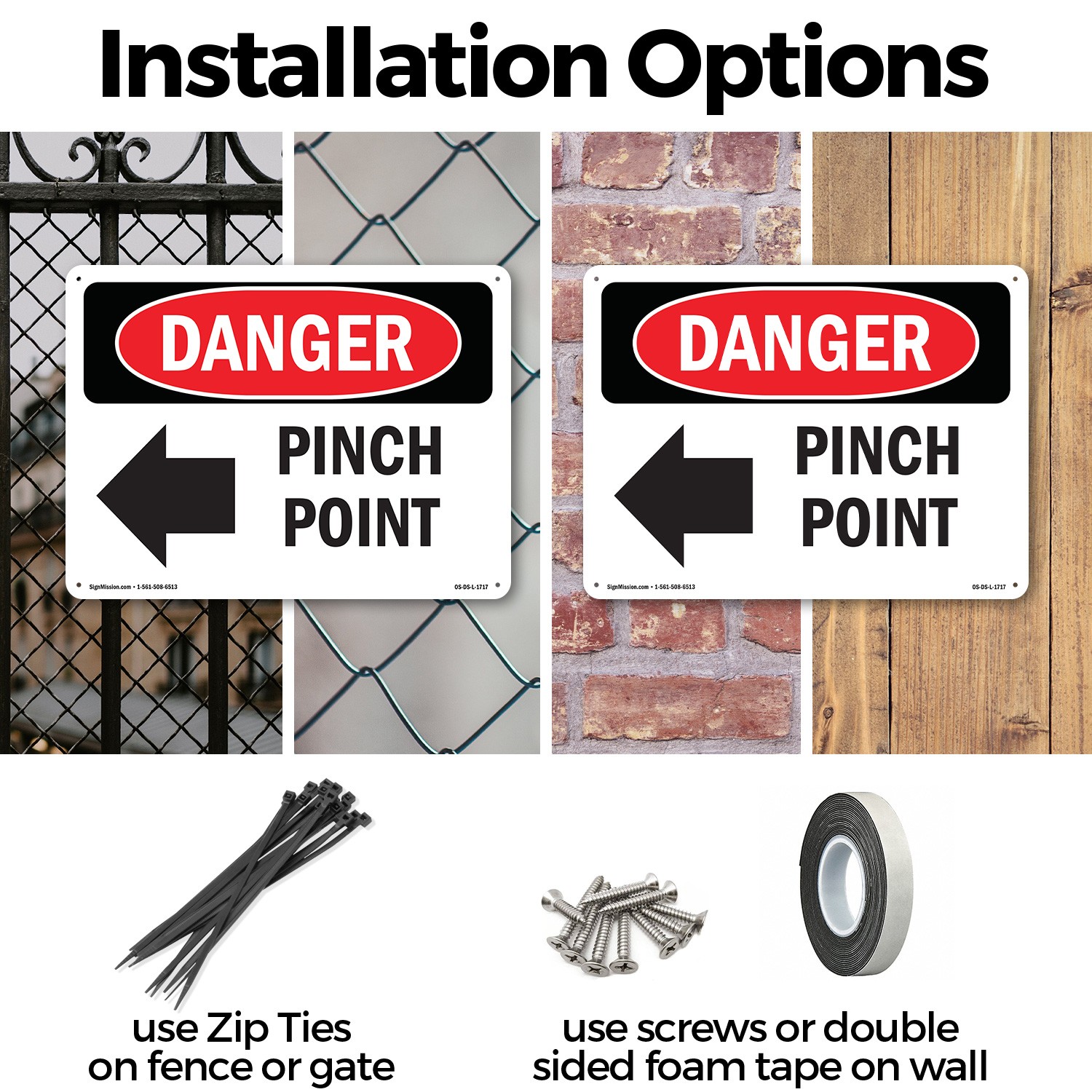 Pinch Point OSHA Danger Sign Metal, Plastic, Or Decal – 5 or 10 Pack
