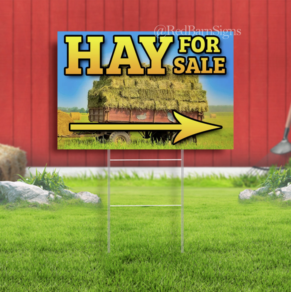 Hay For Sale Arrow Lawn Yard Sign Single-Sided with metal H-Stakes