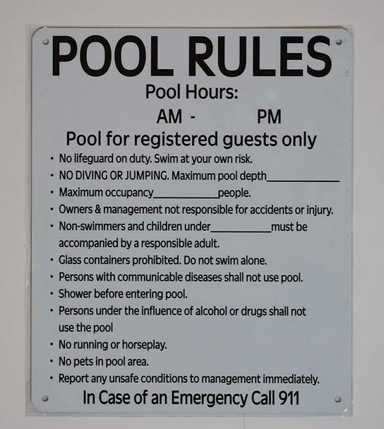 Pool Rules and Pool Hours Sign (White, Rust Free,10×12, with Symbol)-ref0420