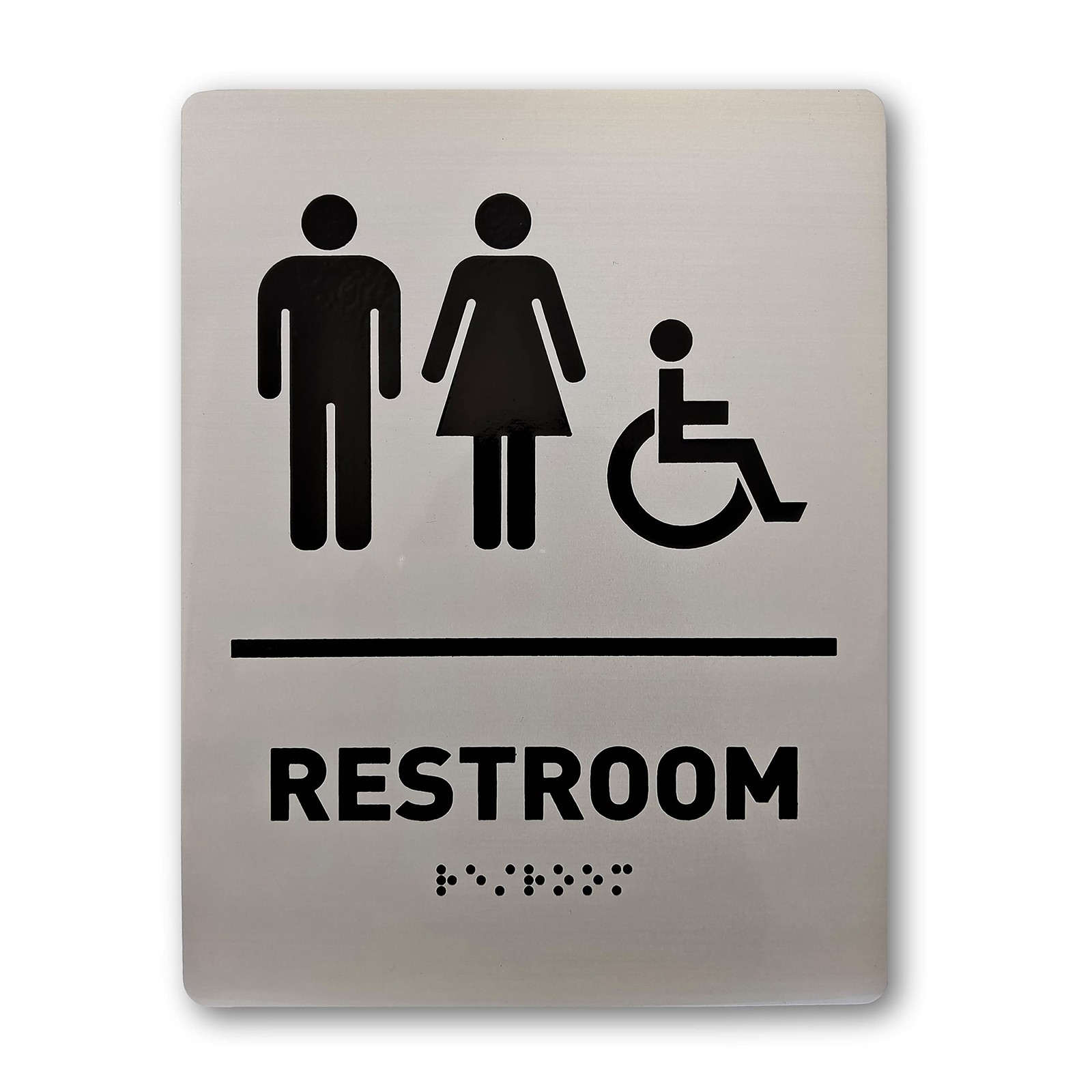Unisex Wheelchair Restroom Sign Braille Accessible Brushed Aluminum 6×8