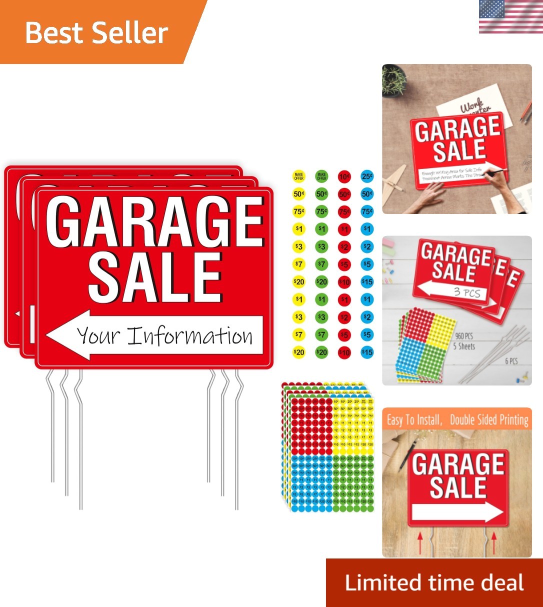 Garage Sale Sign, 3PCS Double Sided Yard Sale Signs with 6 Metal Stakes & 960…