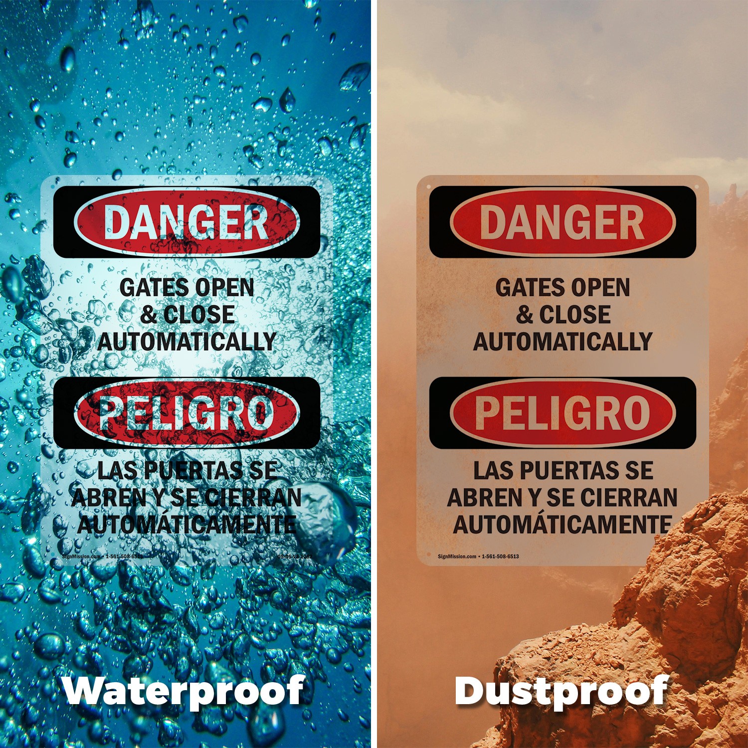Gates Open And Close Automatically Bilingual OSHA Danger Sign, Decal 5/10 Pack