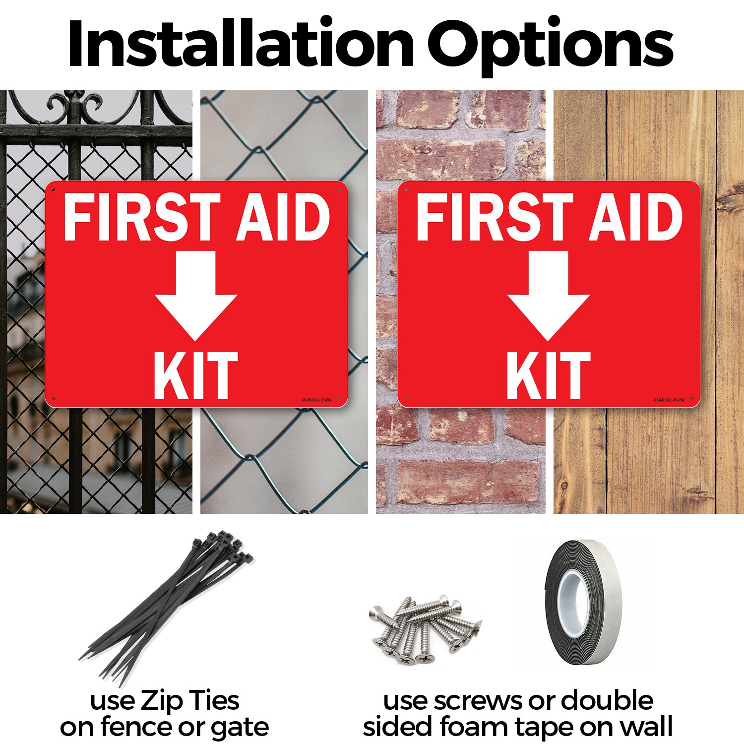 First Aid Kit with Down OSHA Sign Metal, Plastic, Or Decal – 5 or 10 Pack