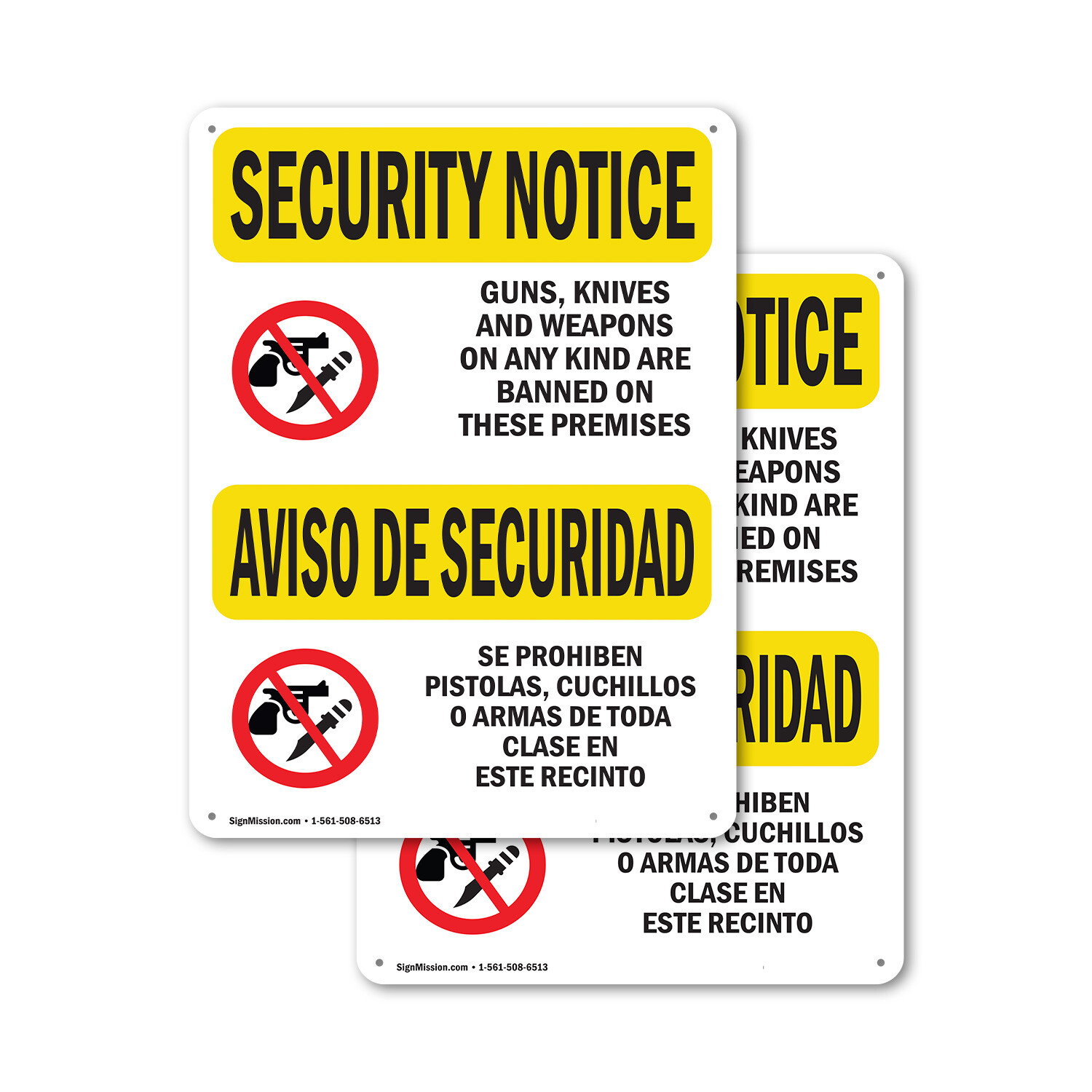 (2 Pack) Knives Weapons Banned Bilingual OSHA Security Notice Sign Decal Metal