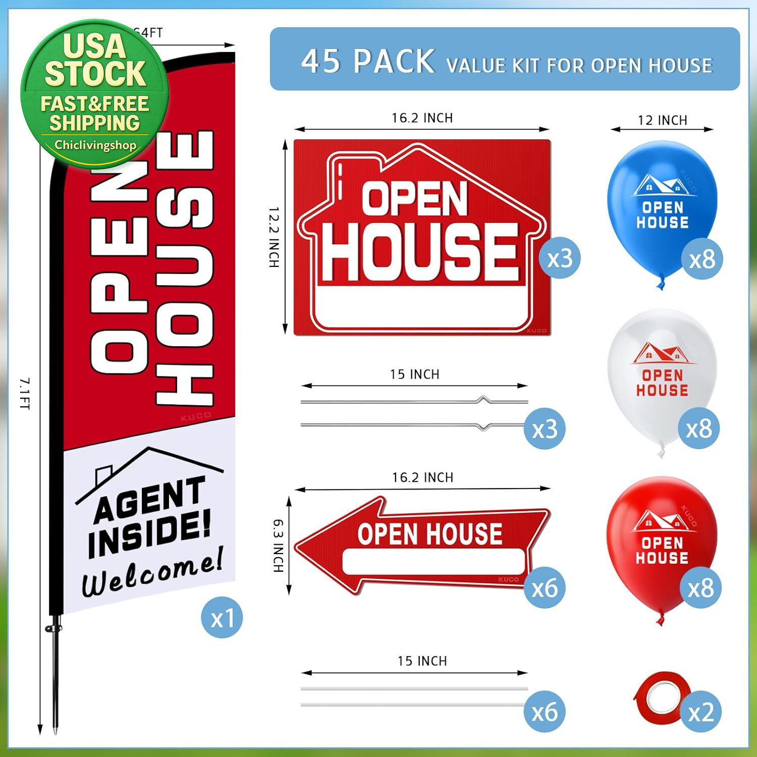 Open House Signs Kit 45 Pcs with Flag Directional Arrows Balloons for Real