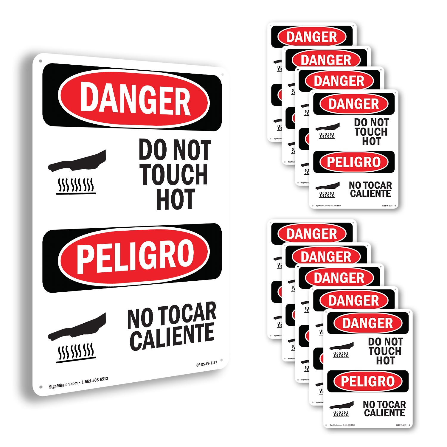 Do Not Touch Hot Bilingual OSHA Danger Sign Metal, Plastic, Decal 5 or 10 Pack