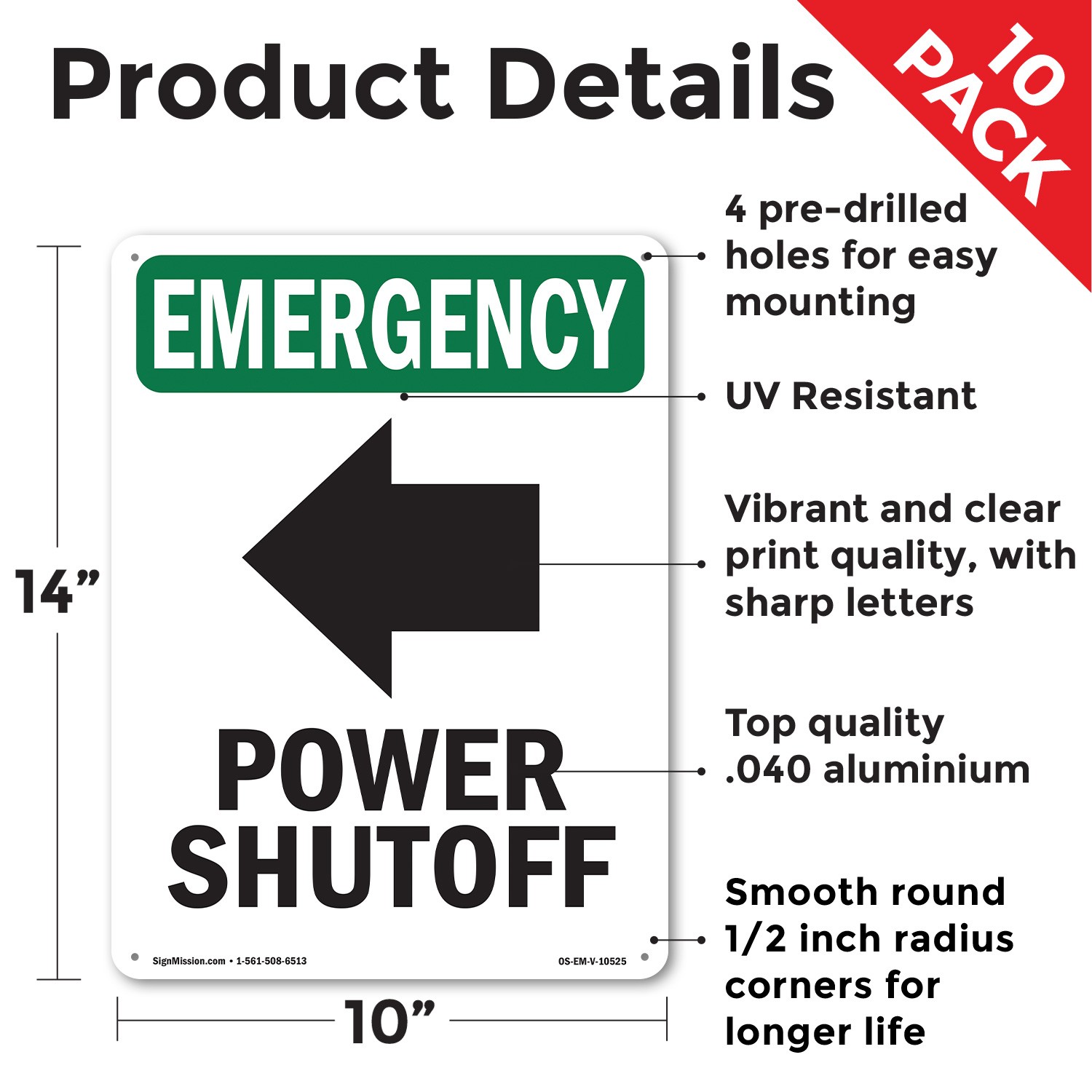 Power Shutoff [Left Arrow] With Symbol OSHA Emergency Sign, Decal 5 or 10 Pack