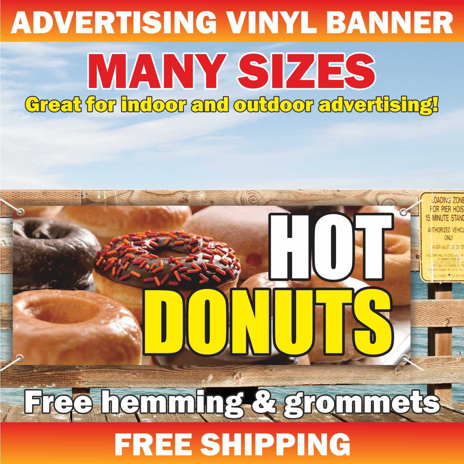 HOT DONUTS Advertising Banner Vinyl Mesh Sign warm fresh doughnuts fresh brewed