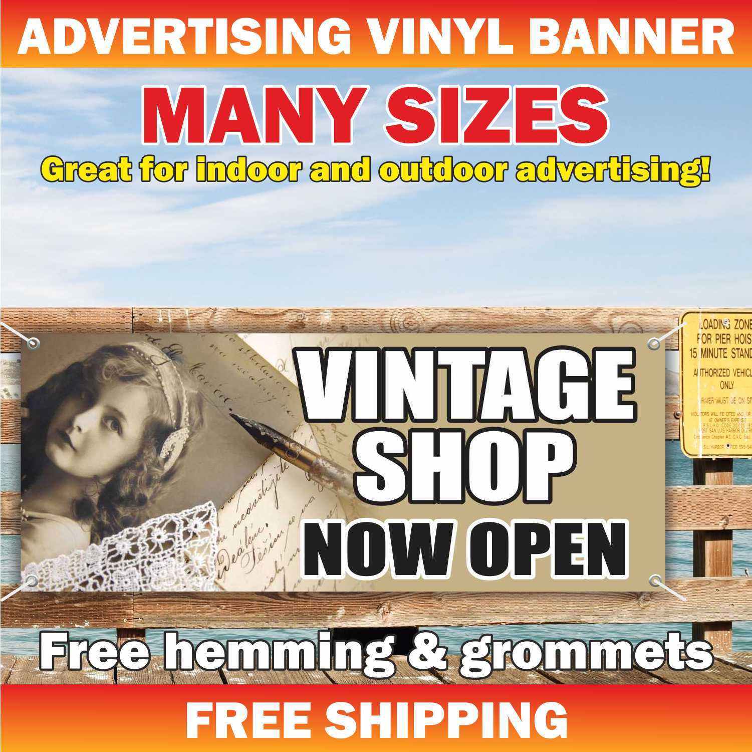 VINTAGE SHOP OPEN Advertising Banner Vinyl Mesh Sign ANTIQUE STORE COLLECTIBLES