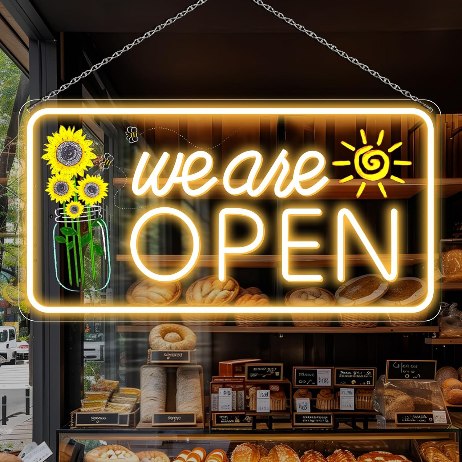 Bright Neon “Open” Sign with Flower & Sun Design for Businesses, 23×12