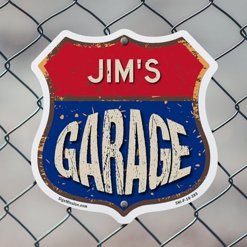 Jim’s Garage 12 inch X 12 inch Shield Shaped Commercial Grade Plastic Sign Weath