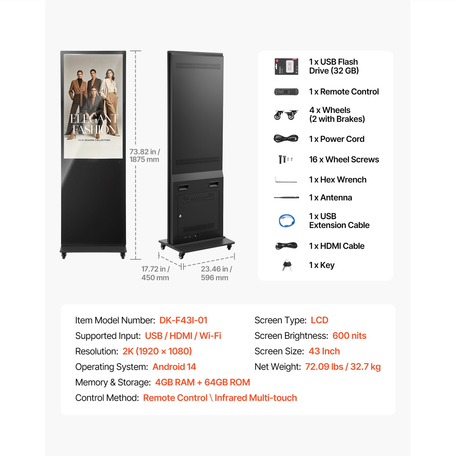 Uimoso 43 in Indoor Digital Signage Floor Standing LCD Advertising Display Kiosk