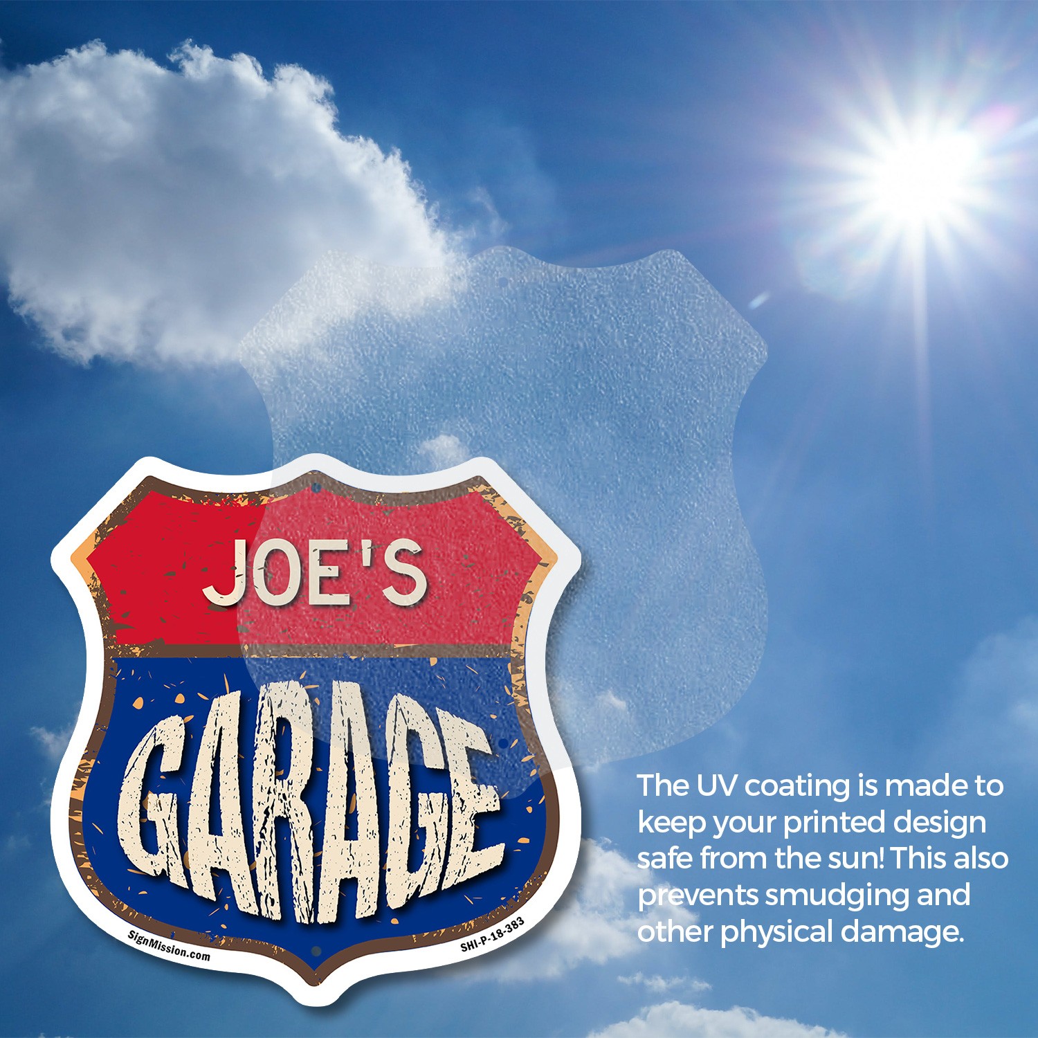Joe’s Garage Shield Shaped Sign Weather Resistant Crafted in the USA
