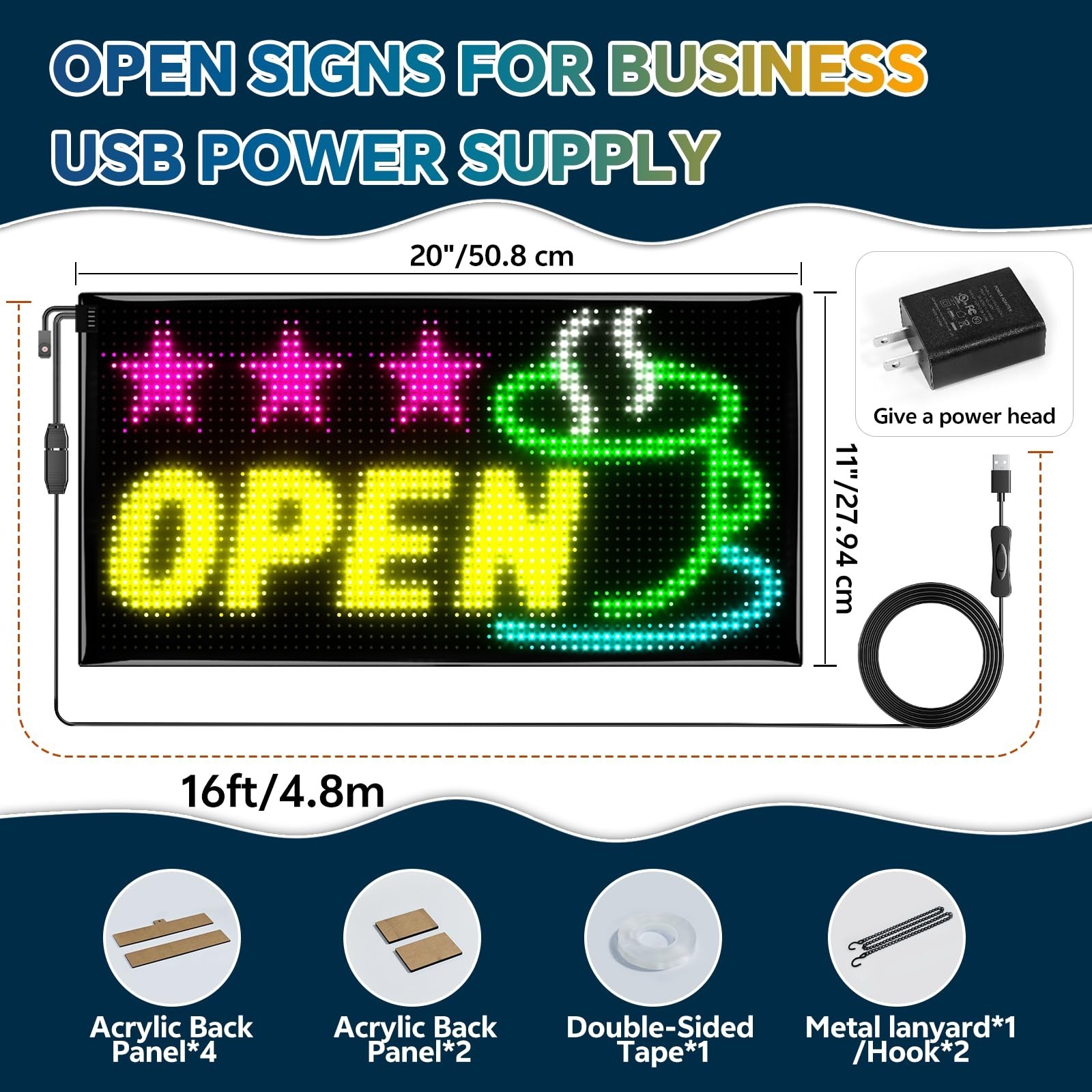 Bright Dual Row LED Open Sign 20″x12″ – Colorful Programmable Scrolling Display