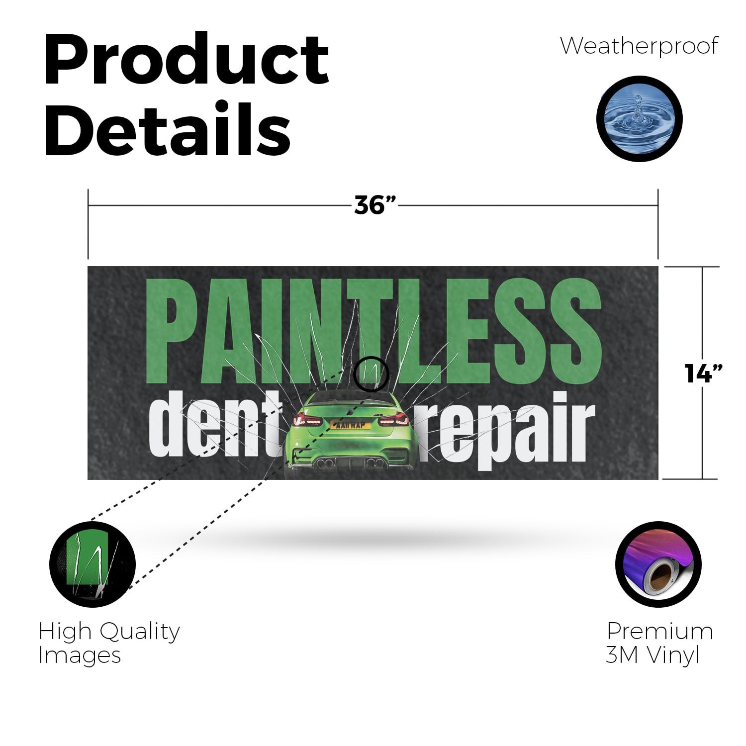 Paintless Dent Repair Vinyl Decal 36 Inch x 14 Inch Weatherproof Heavy-Duty A…