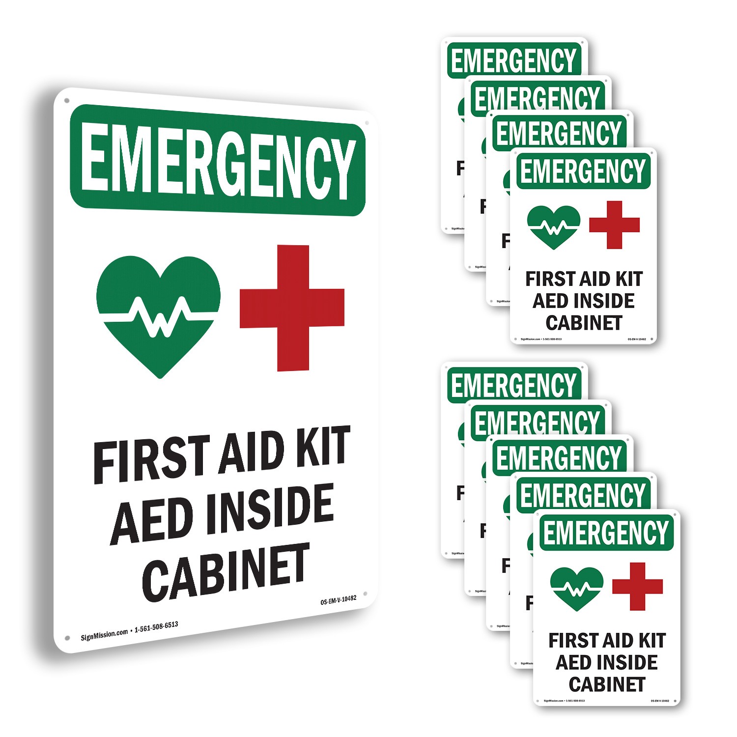 First Aid Kit AED With Symbol OSHA Emergency Sign Metal, Decal – 5 or 10 Pack