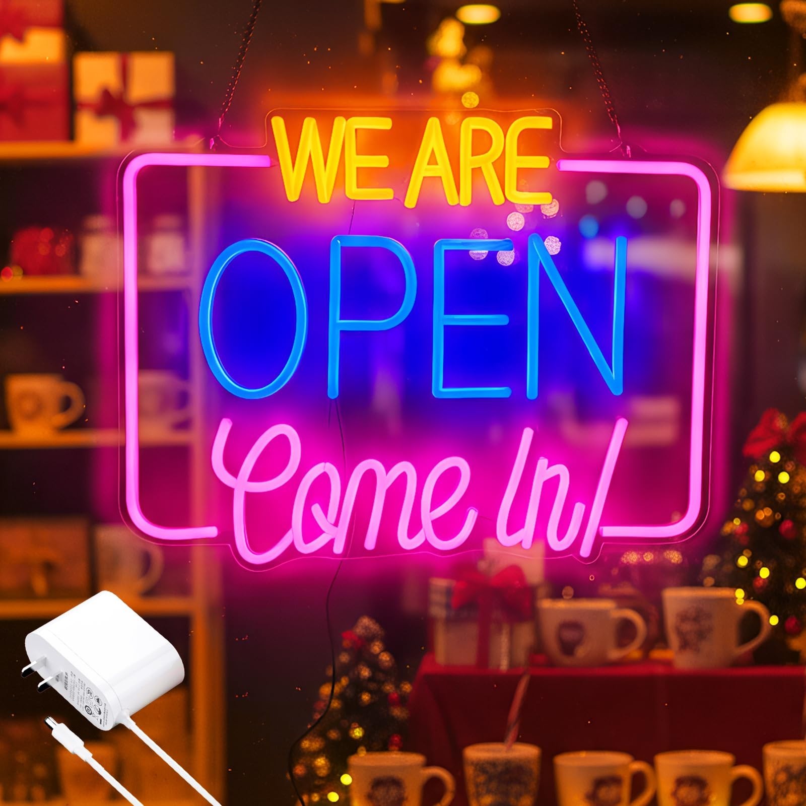 LED Open Sign for Business – Dimmable Neon Light, 16.5″x13″, Pink/Blue/Yellow, P
