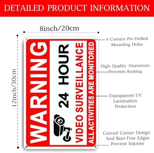 4 Pack Video Surveillance Signs, 24hr Monitoring No Trespassing Camera Sign | 8x