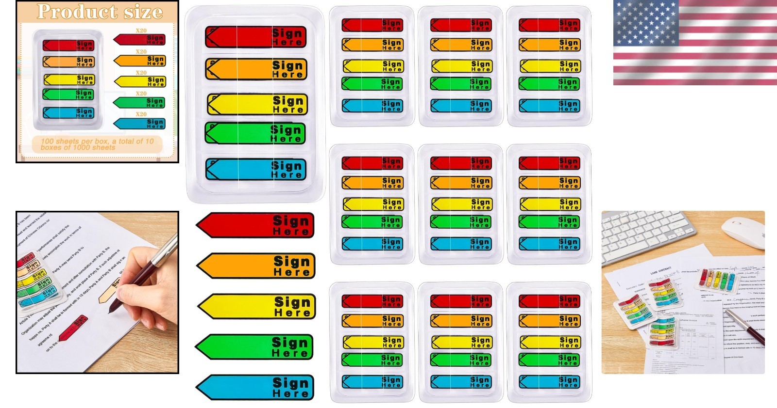 1000 Multicolor Sticky Flags – 10 Pack Sign Here Date Tabs for Office Use